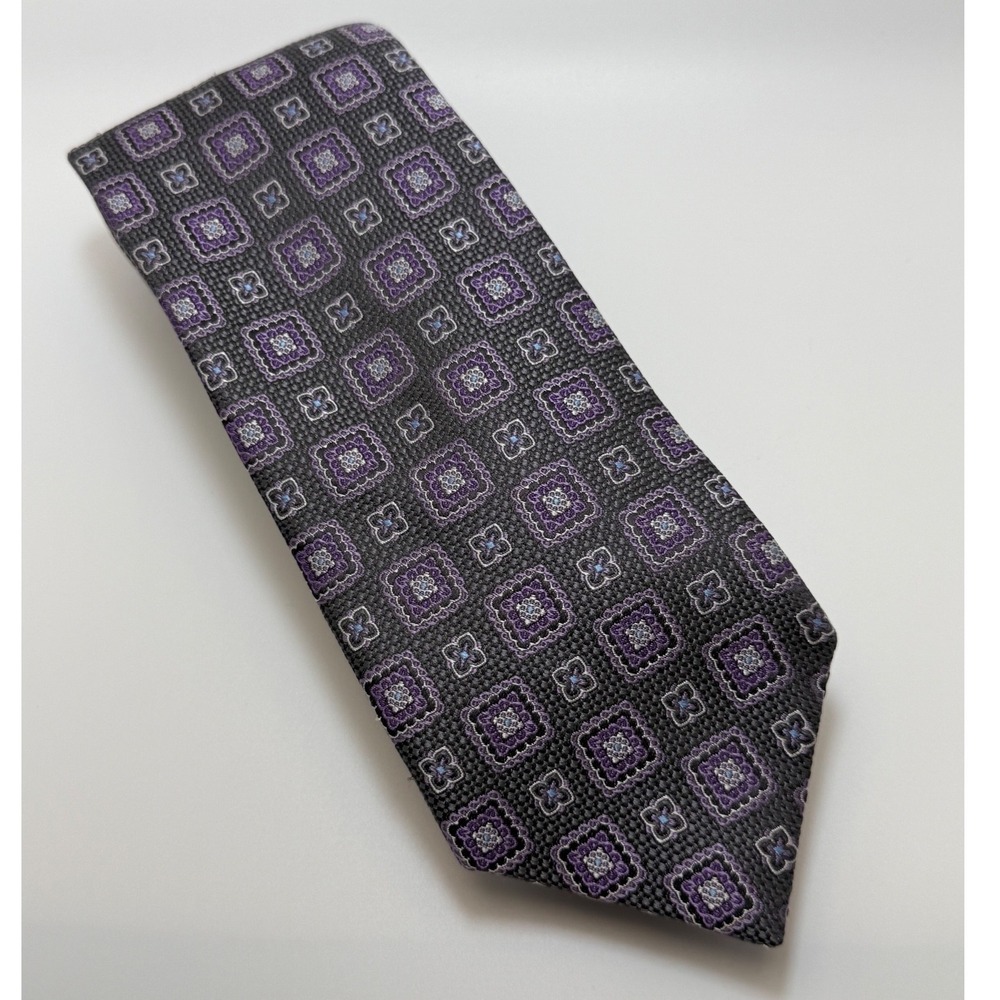 David Donahue Silk Tie 3.25" Purple Grey Geometric Medallion Woven Silk Classic